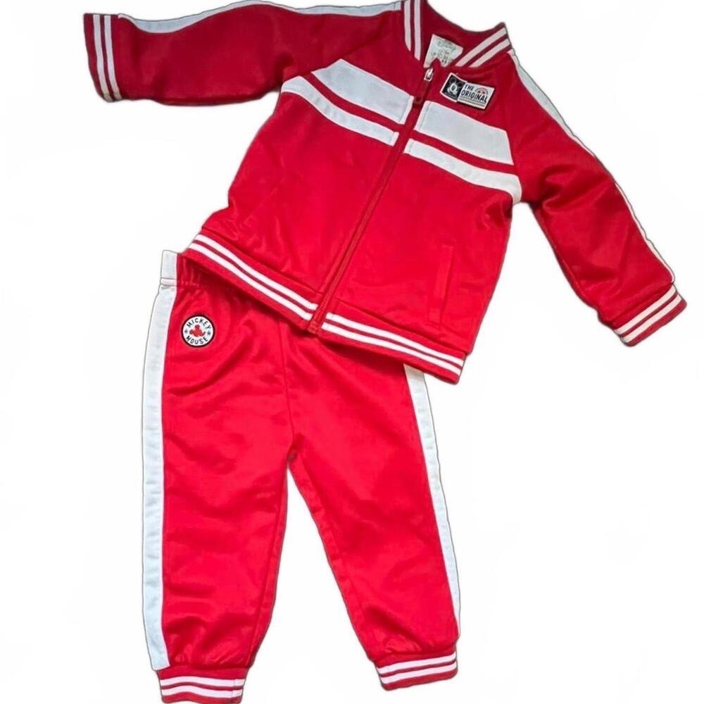 Disney Mickey Mouse Tracksuit‎ Red White Varsity Zip Jacket Pants Set 12-18M